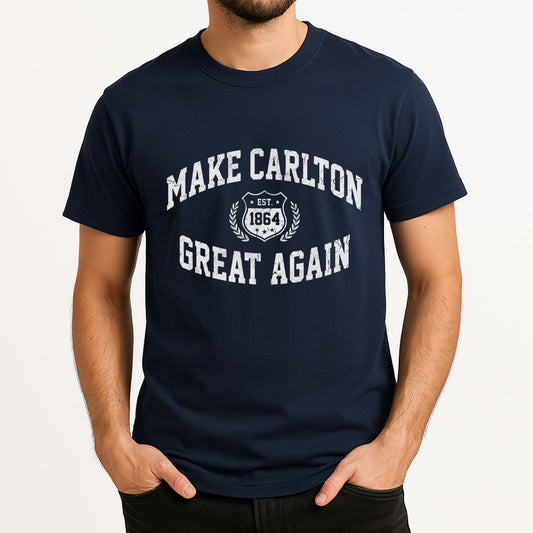 “Make Carlton Great Again” funny AFL Blues fan t-shirt in navy blue