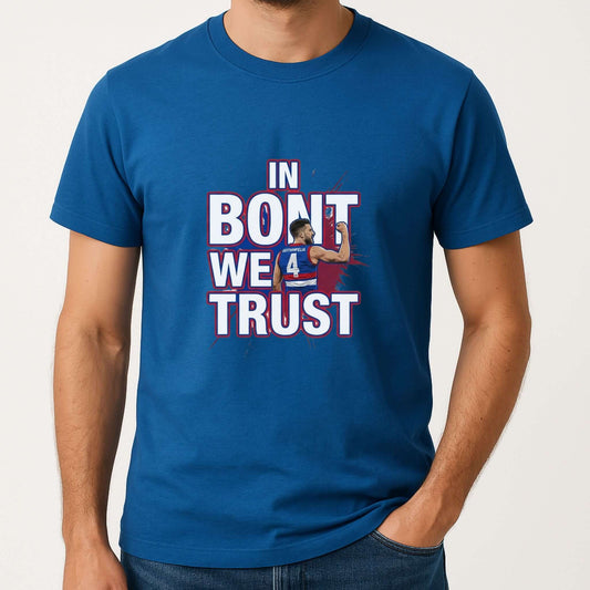 Marcus Bontempelli In Bont We Trust T-shirt featuring a bold Western Bulldogs-inspired supporter design