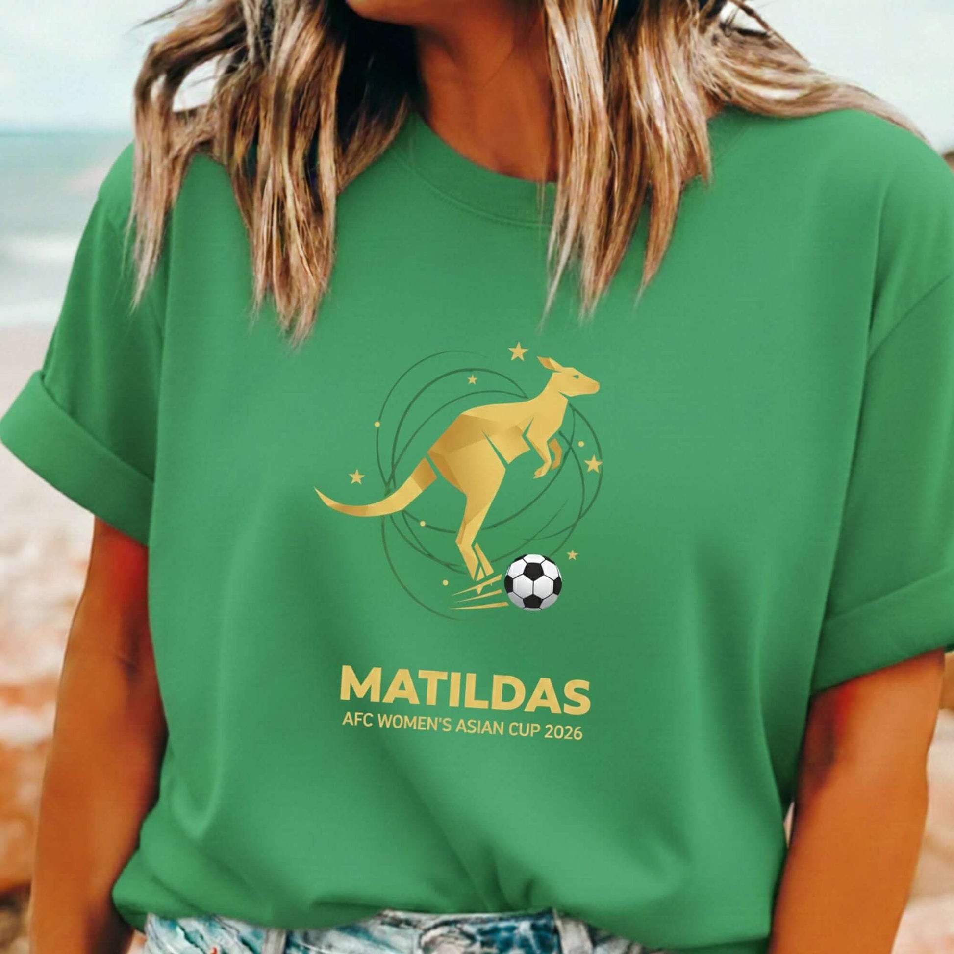 Matildas 2026 Asian Cup t-shirt for Matildas fans supporting Sam Kerr and the team in green and gold