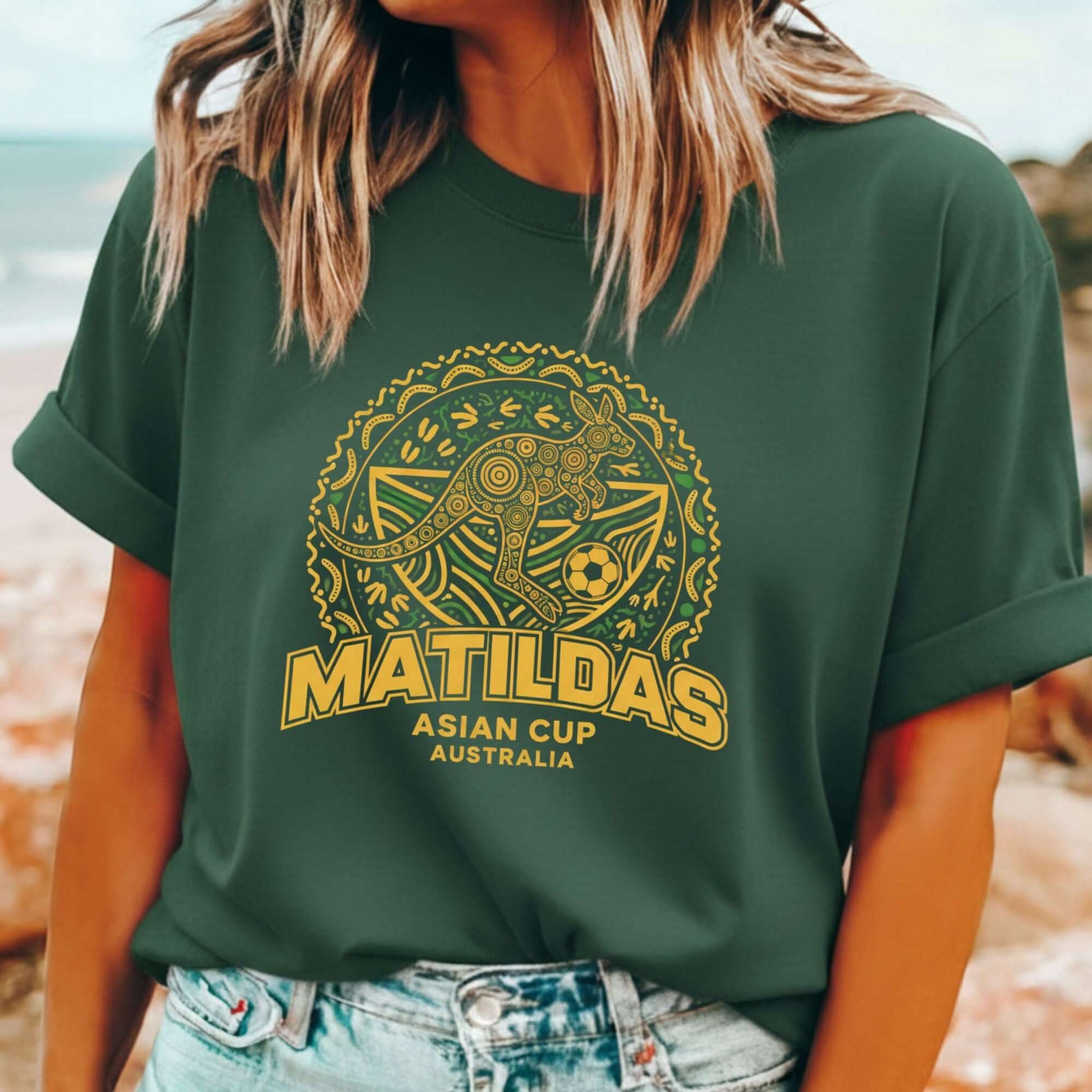 Australia women's national soccer team Asian Cup t-shirt featuring Aboriginal art inspired design