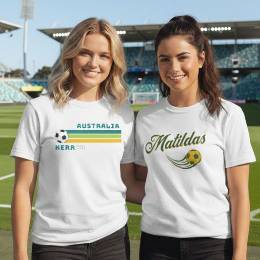 Matildas Asian Cup t-shirt bundle featuring green and gold supporter tees for Australian football fans