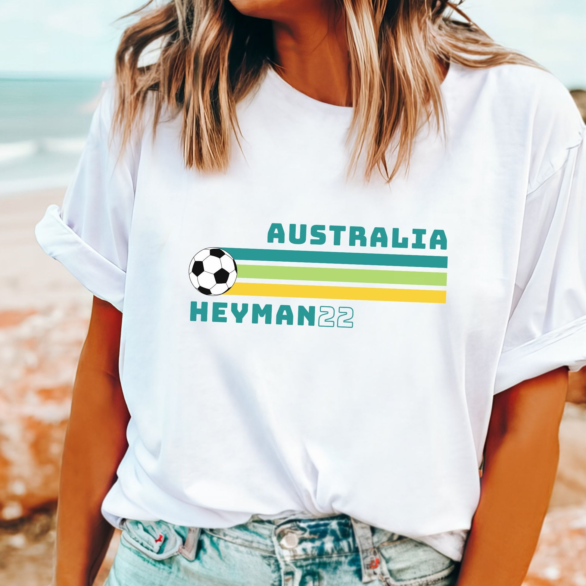 Retro Australian style Michelle Heyman Matildas t-shirt with number 22 design