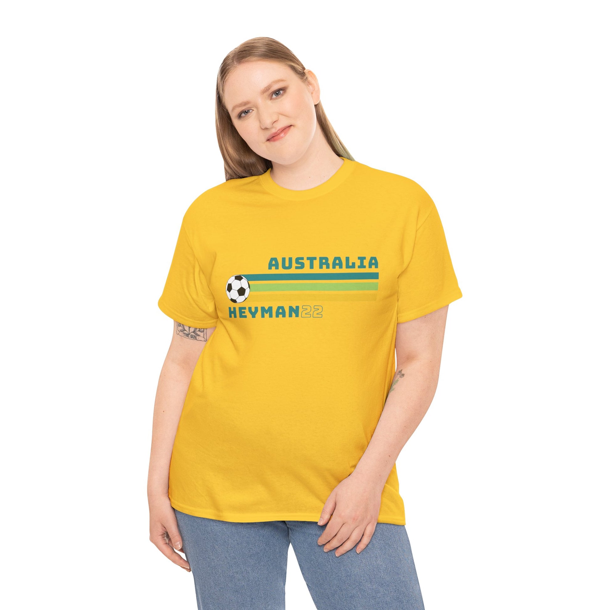 Retro green and gold Michelle Heyman number 22 supporter t-shirt in vintage Australian style