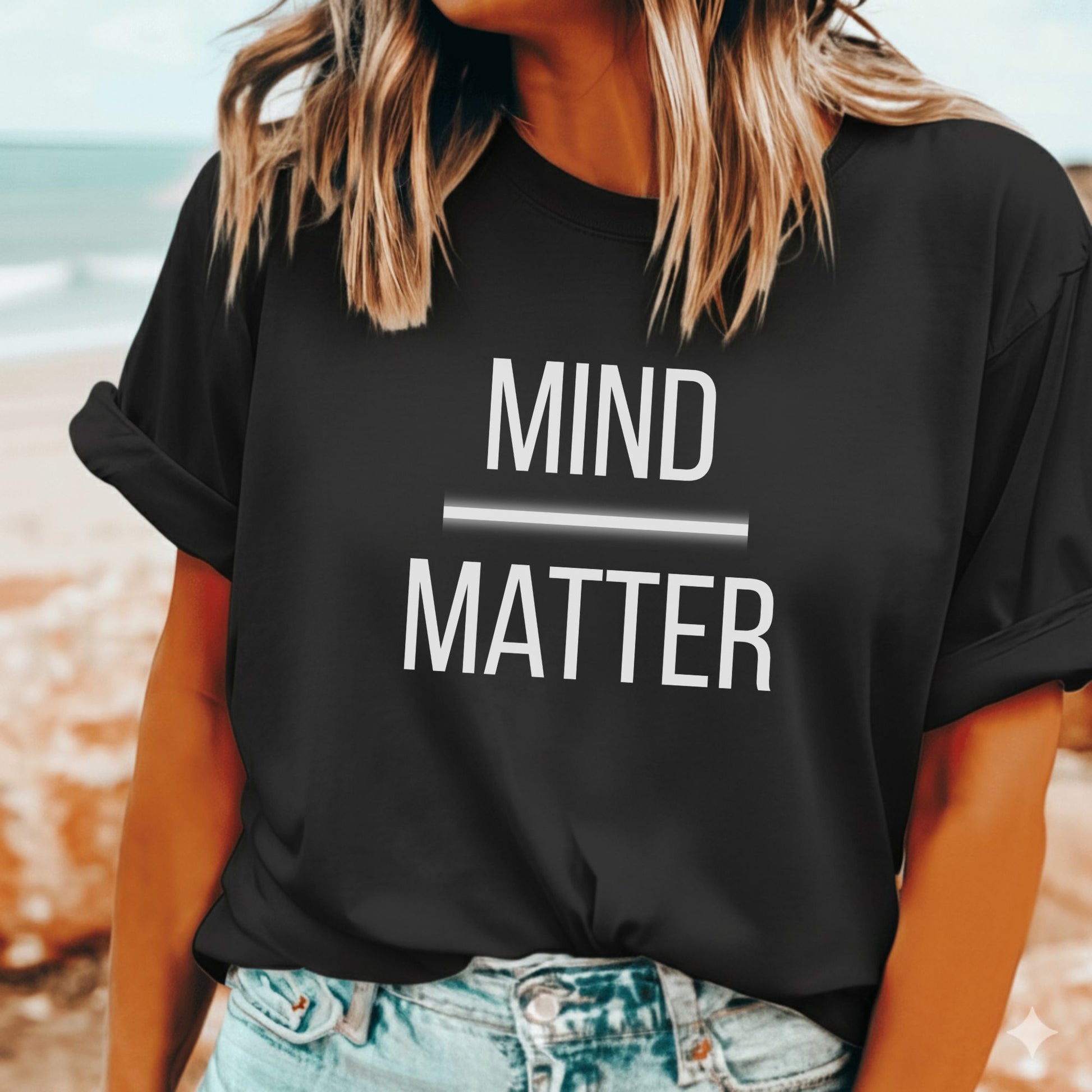 Mind over Matter black t-shirt on a woman inpired by Todd Sampson on Gruen. 