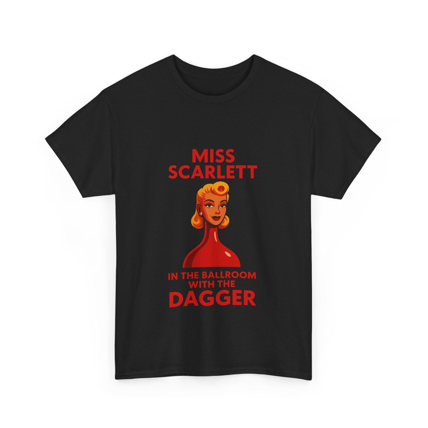 Classic murder mystery tee inspired by Cluedo’s Miss Scarlett and her iconic weapon.