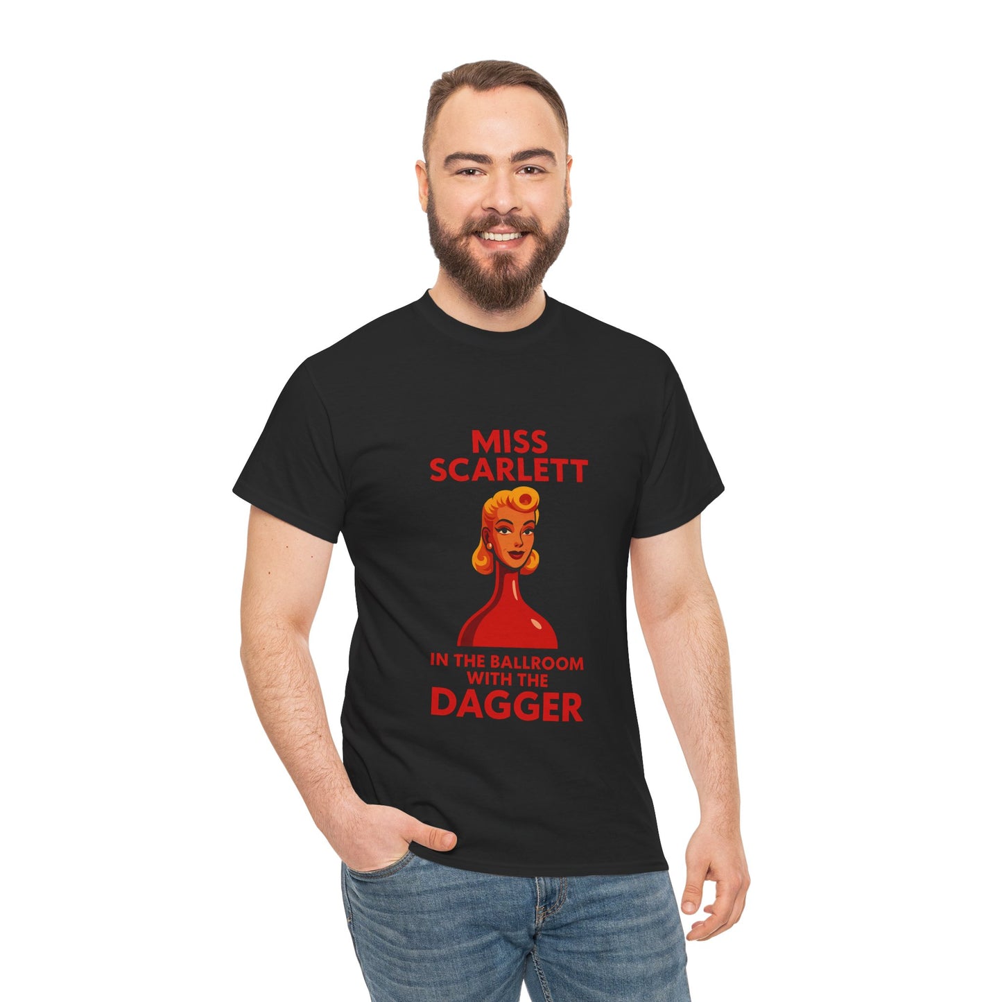 Bold and quirky t-shirt for Cluedo fans featuring Miss Scarlett’s infamous moment.