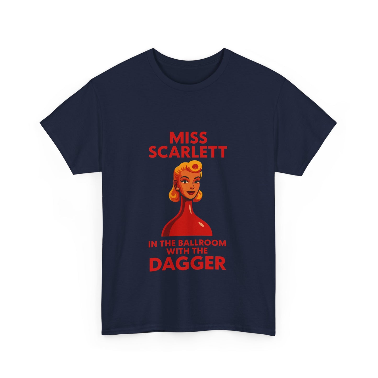 Fun and nostalgic t-shirt featuring a famous Cluedo game scenario with Miss Scarlett.