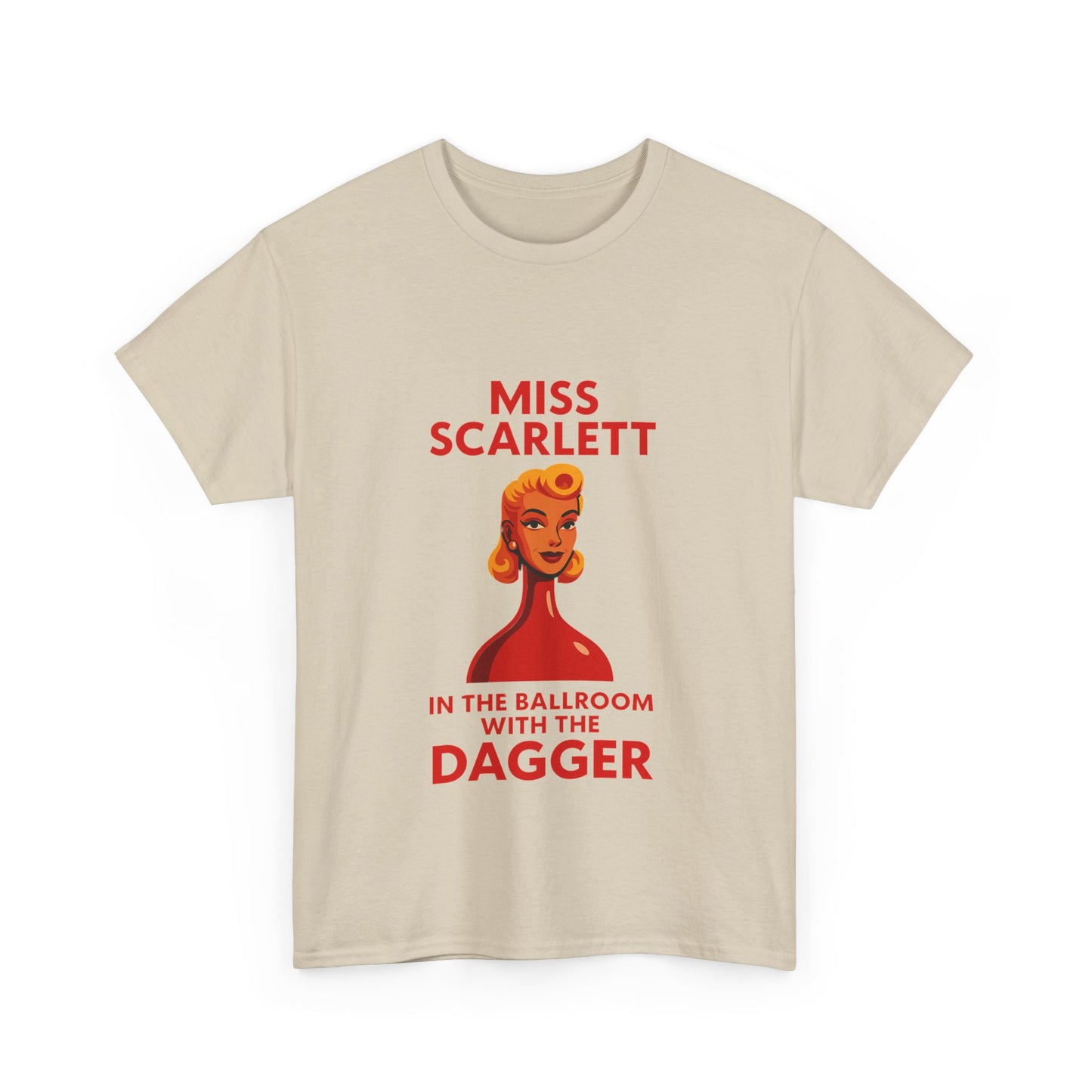 Stylish tee with a playful nod to Miss Scarlett in the ballroom with the dagger.