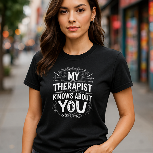 Funny therapist gift t-shirt with My Therapist Knows About You quote