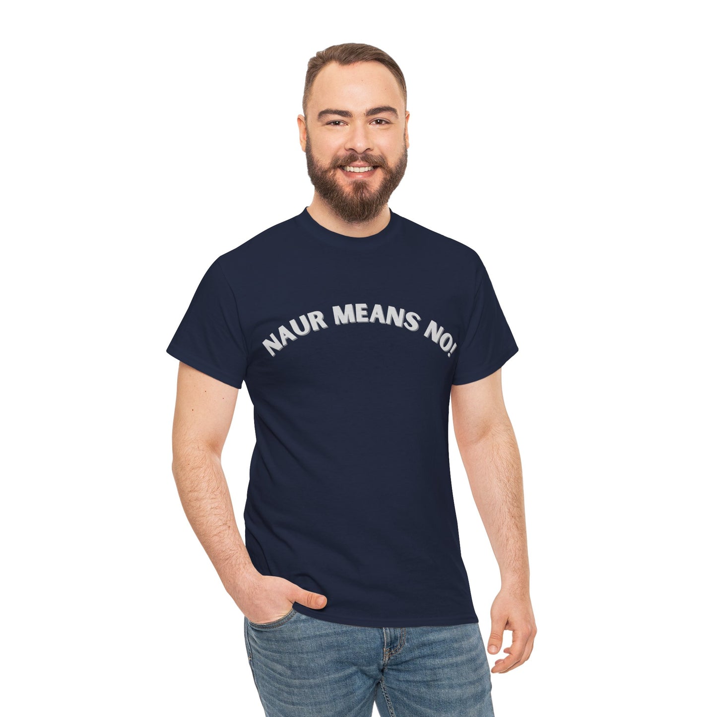 Naur Means No humorous graphic t-shirt inspired by Aussie accents