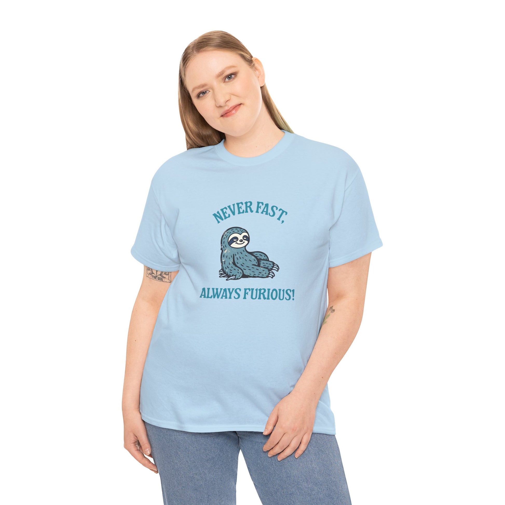 Relaxed sloth meme t-shirt with playful slow-paced motto