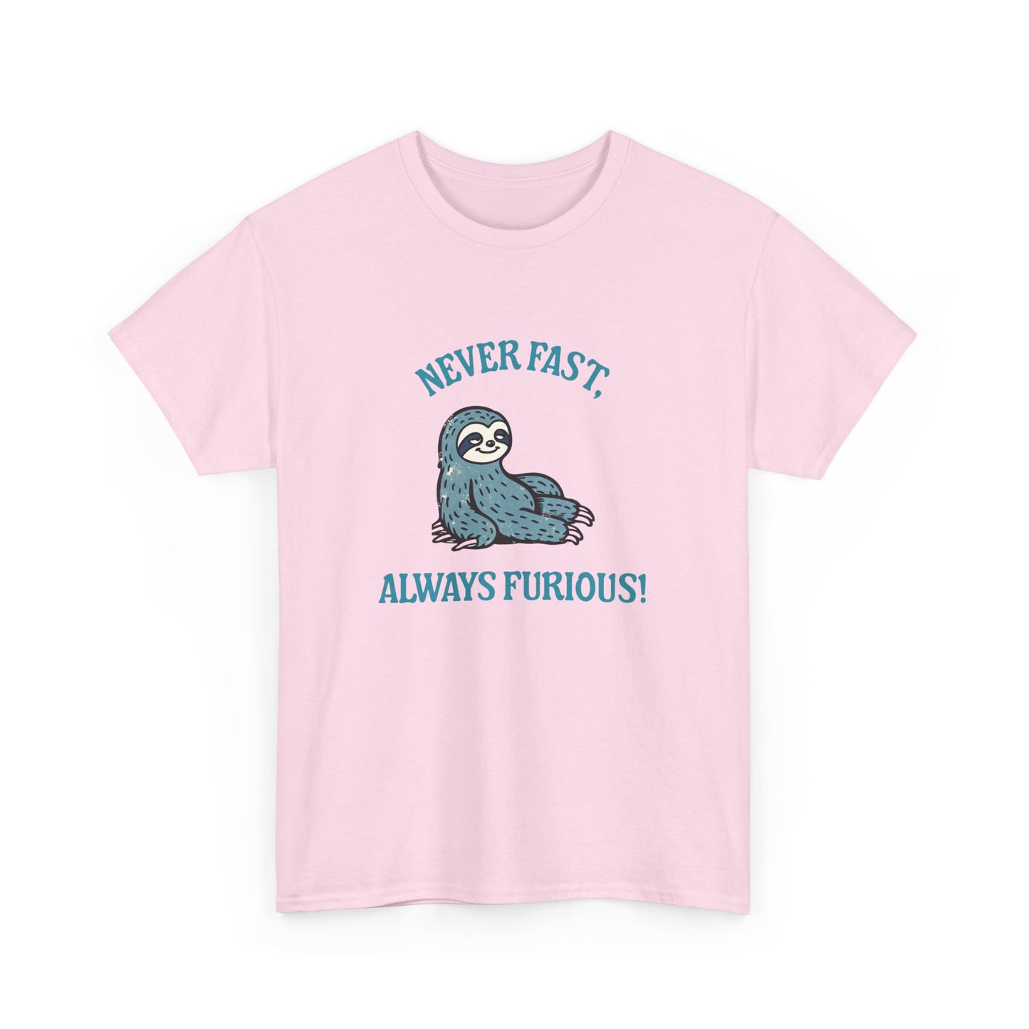 Lazy sloth illustration on a “Never fast, always furious” t-shirt