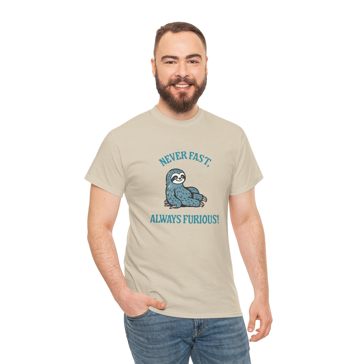 “Never fast, always furious” funny sloth graphic on casual t-shirt