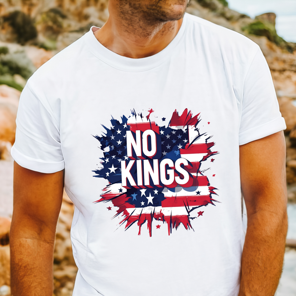 No Kings protest t-shirt in US colours – bold anti-Trump statement for rallies and marches.