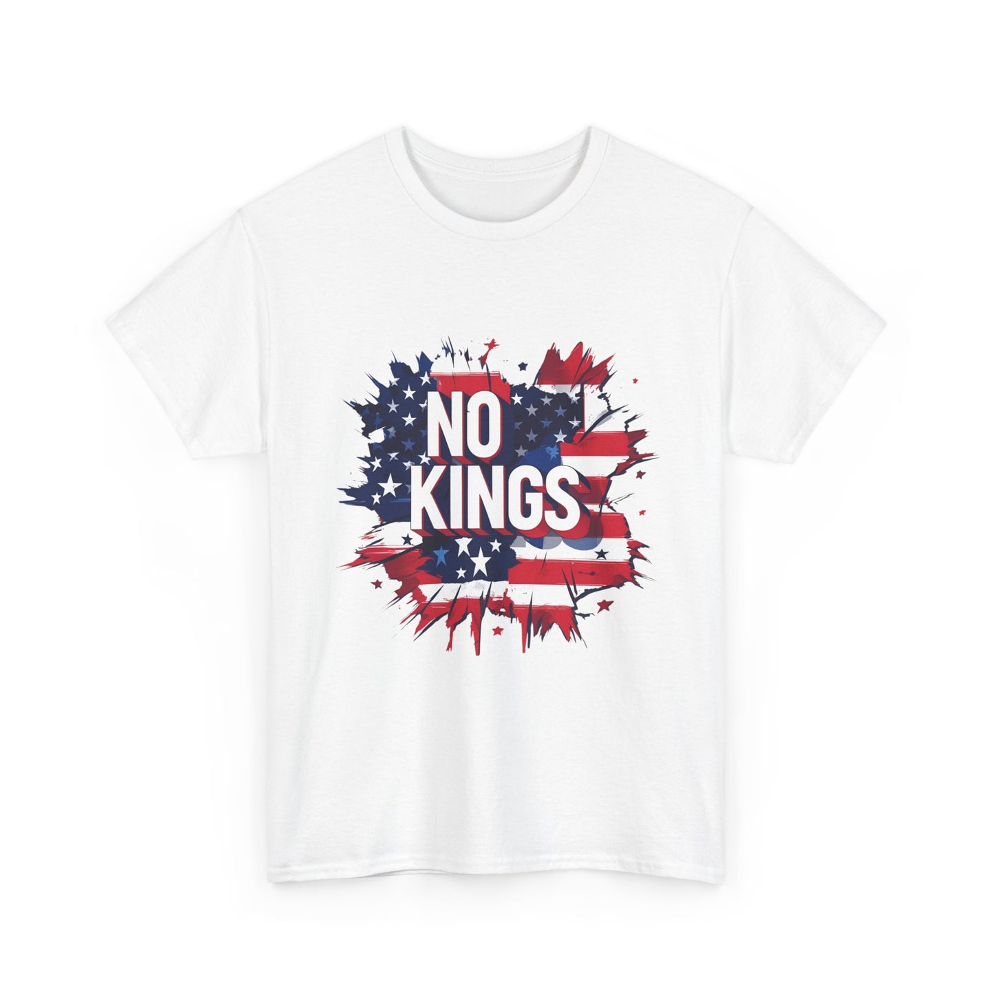 Protest t-shirt that says “No Kings” in red, white, and blue—stand against authoritarianism with bold American values