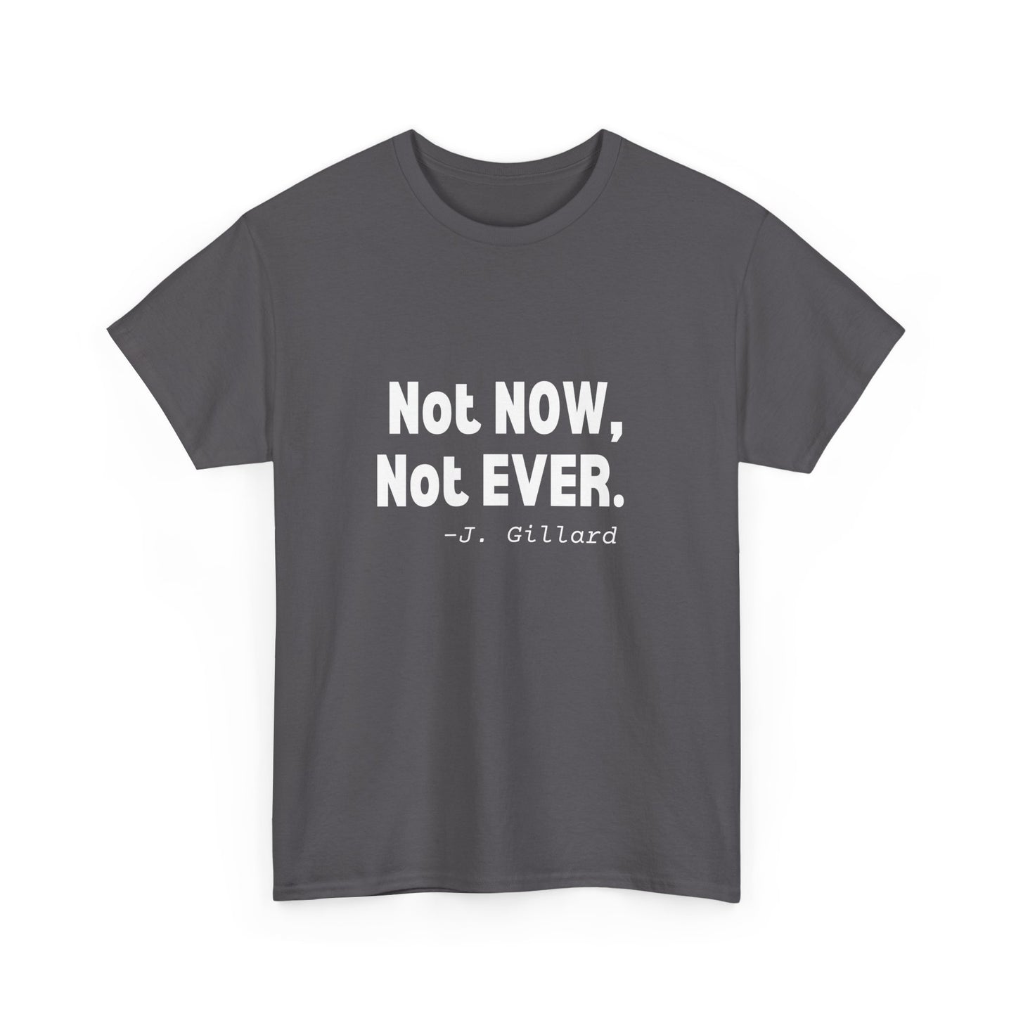 Feminist "Not Now, Not Ever" t-shirt featuring Julia Gillard's powerful message against misogyny.