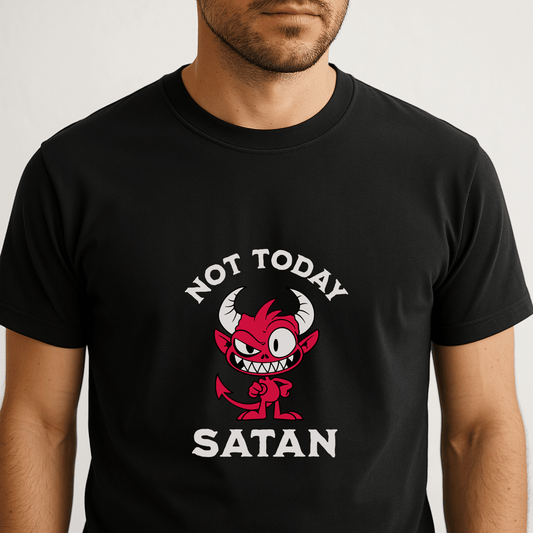 Black “Not Today Satan” t-shirt with bold white lettering — cheeky statement tee for lovers of sass, memes, and pop culture.
