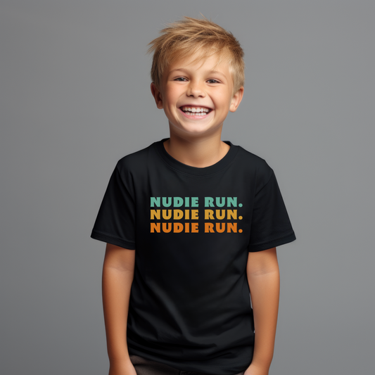 Fun kids t-shirt with Rudie Nudie text in playful font