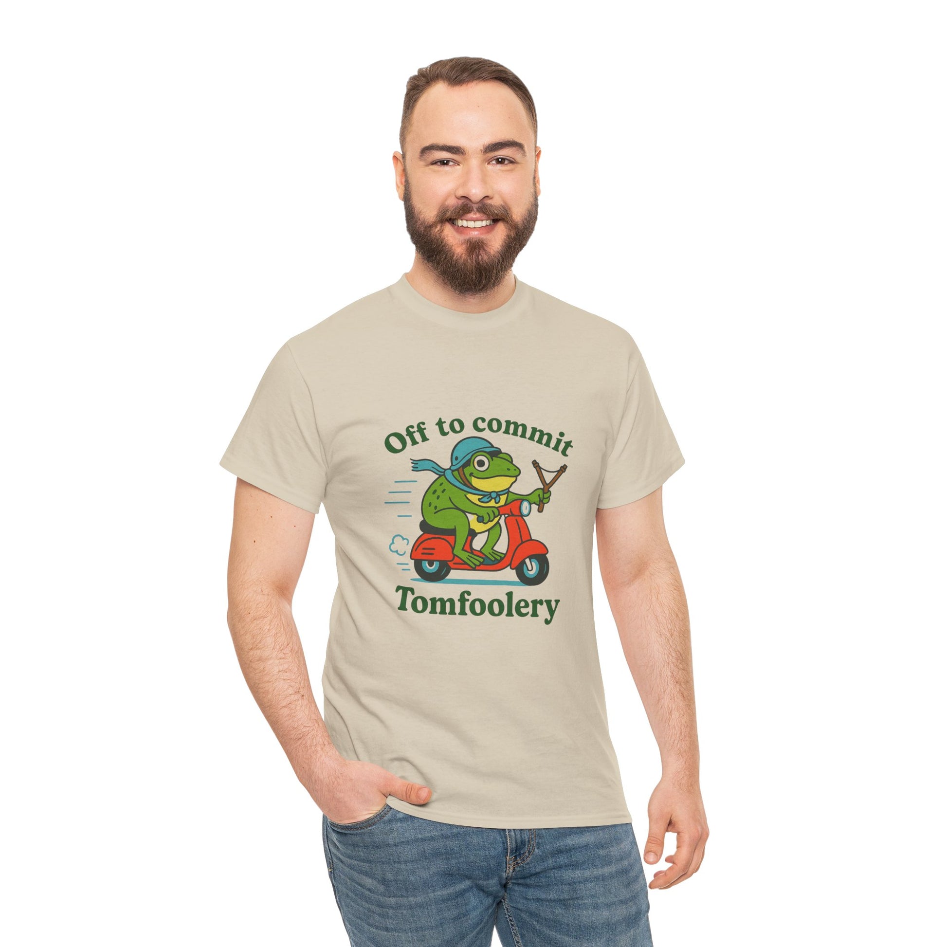 Comedic frog tee – Off to Commit Tomfoolery slogan