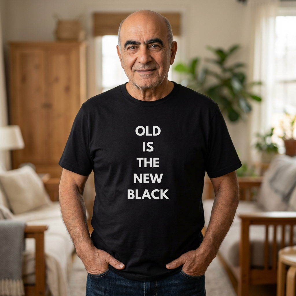 Man wearing a black t-shirt with 'OLD IS THE NEW BLACK' text in a living room.