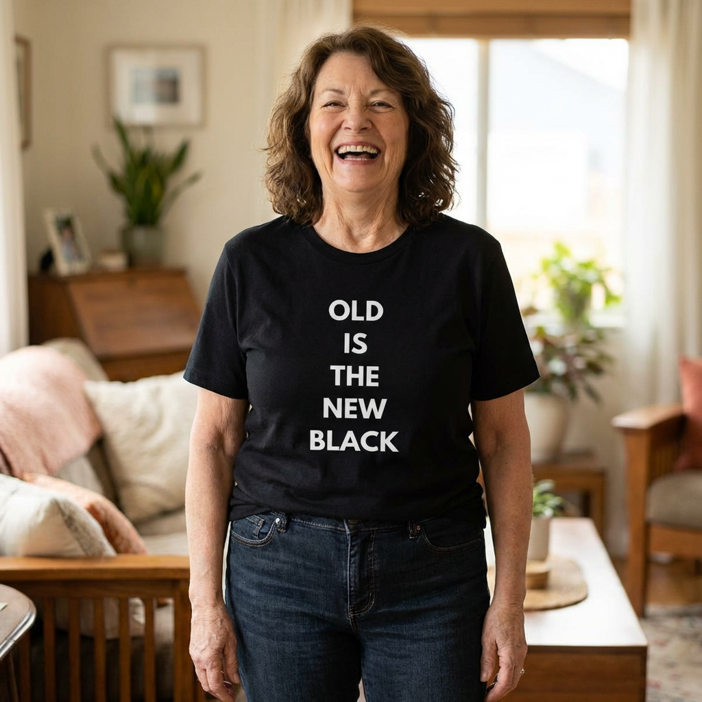 Woman wearing a black t-shirt with 'OLD IS THE NEW BLACK' text in a living room.