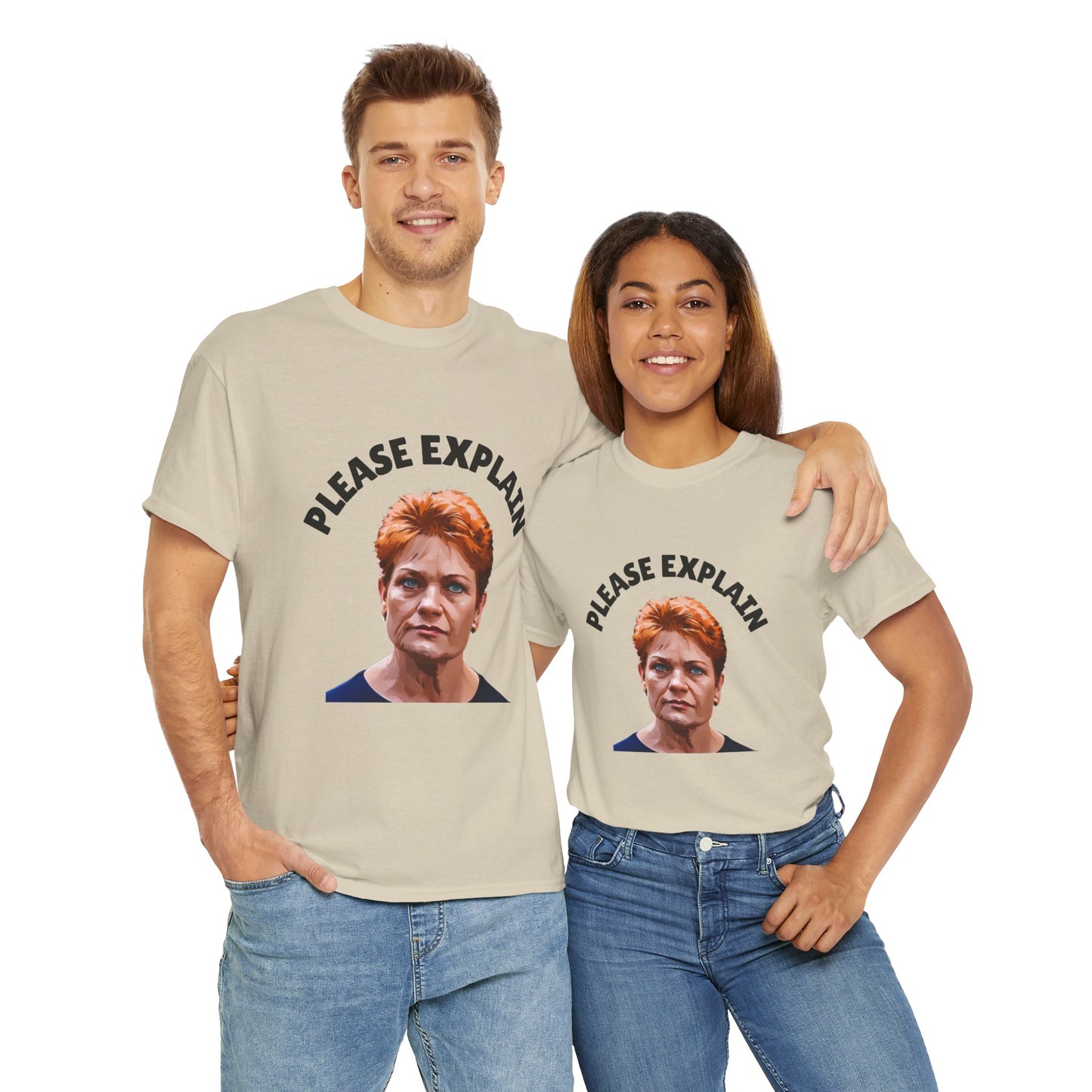 Australian politics parody shirt – "Please Explain" tee with outspoken senator Pauline Hanson.