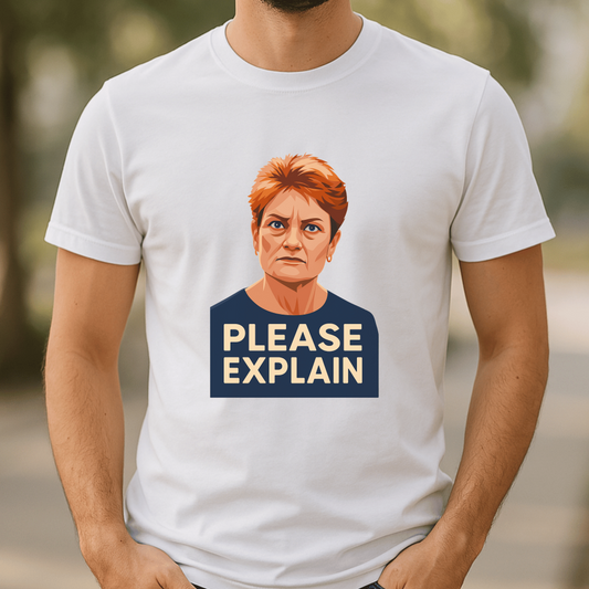 Please explain Pauline Hanson cartoon white t-shirt