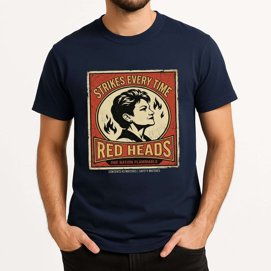 Pauline Hanson Red Heads T-shirt with satirical One Nation flammable matchbox design