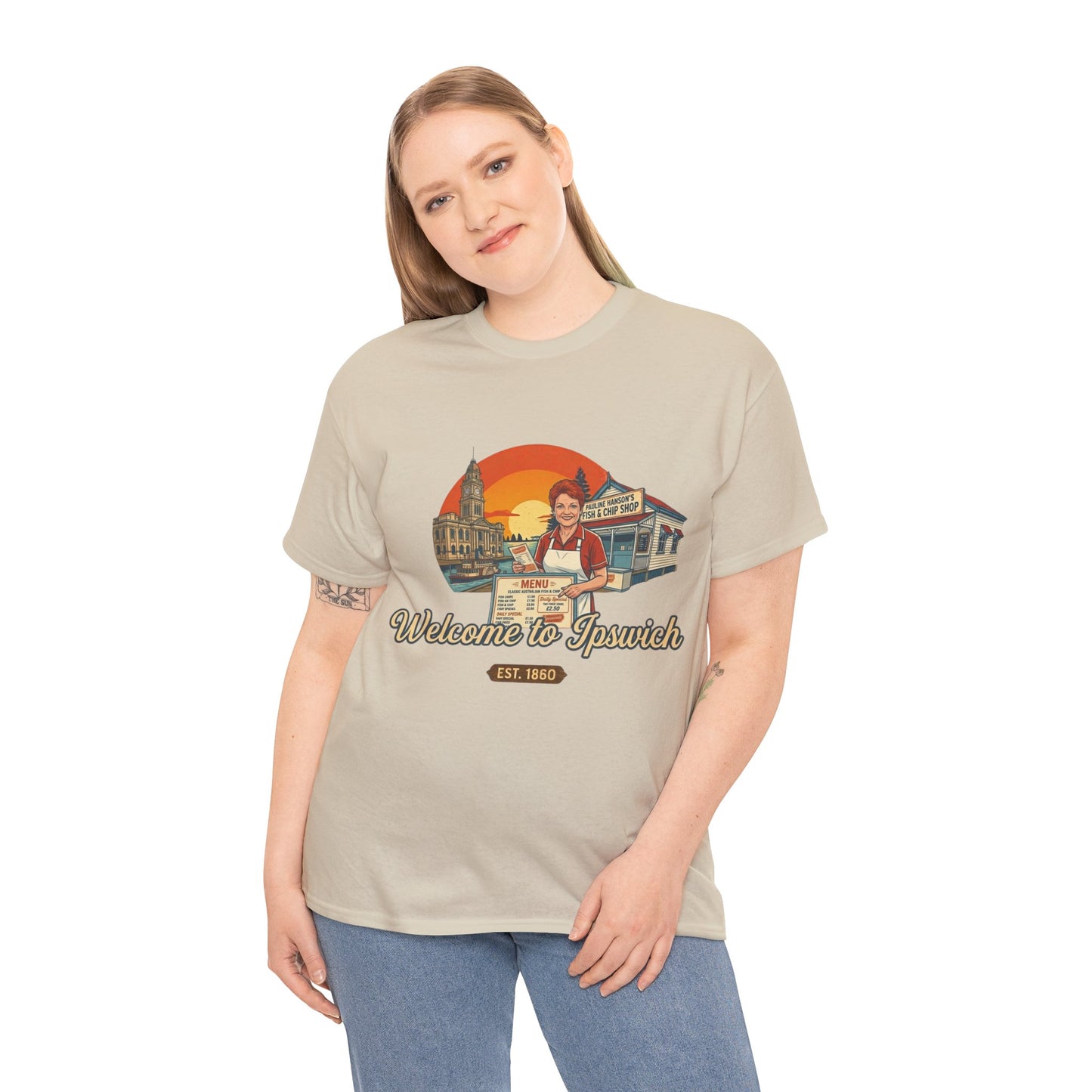 Pauline Hanson cartoon t-shirt welcome to Ipswich graphic