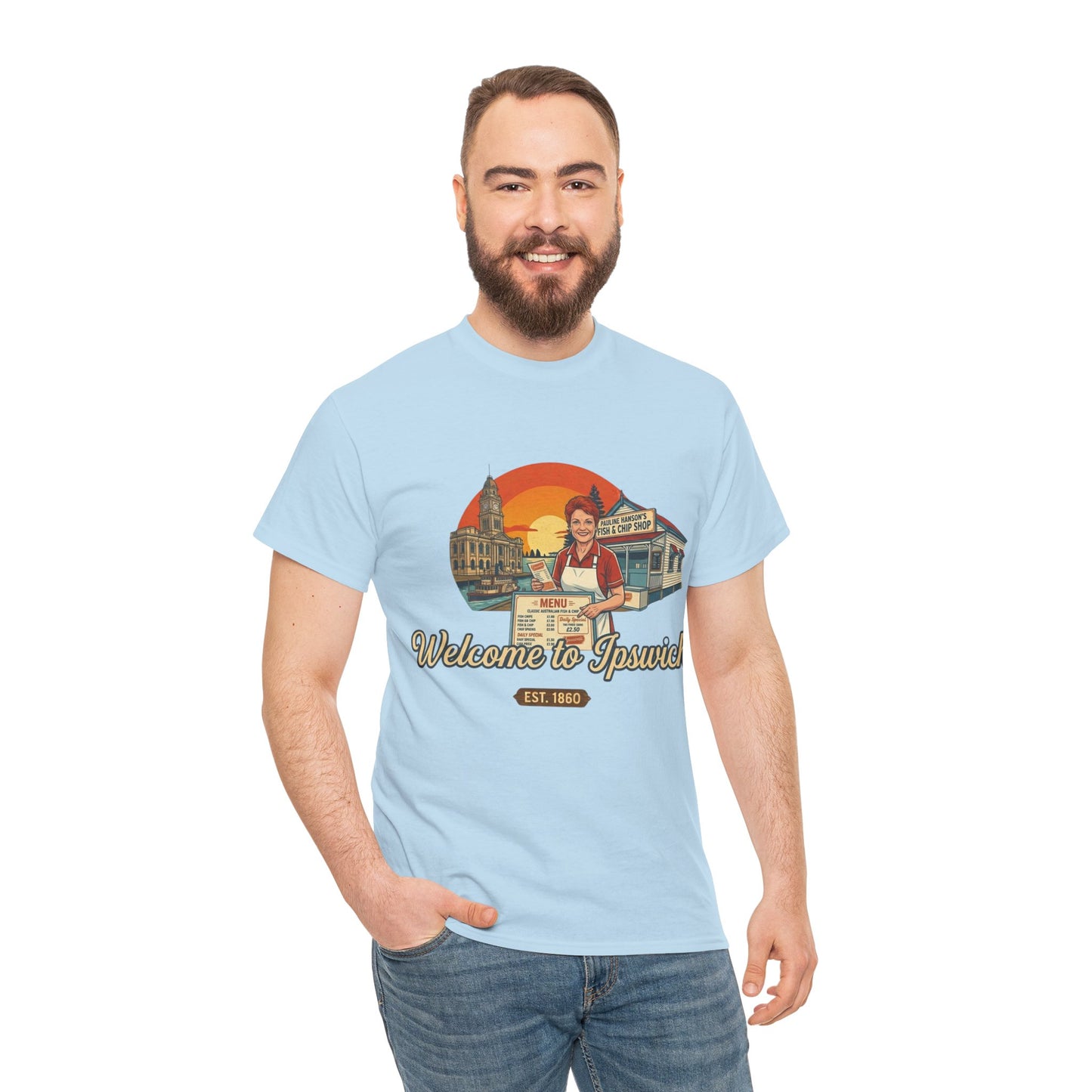 retro Aussie tourism parody t-shirt Ipswich landmarks design