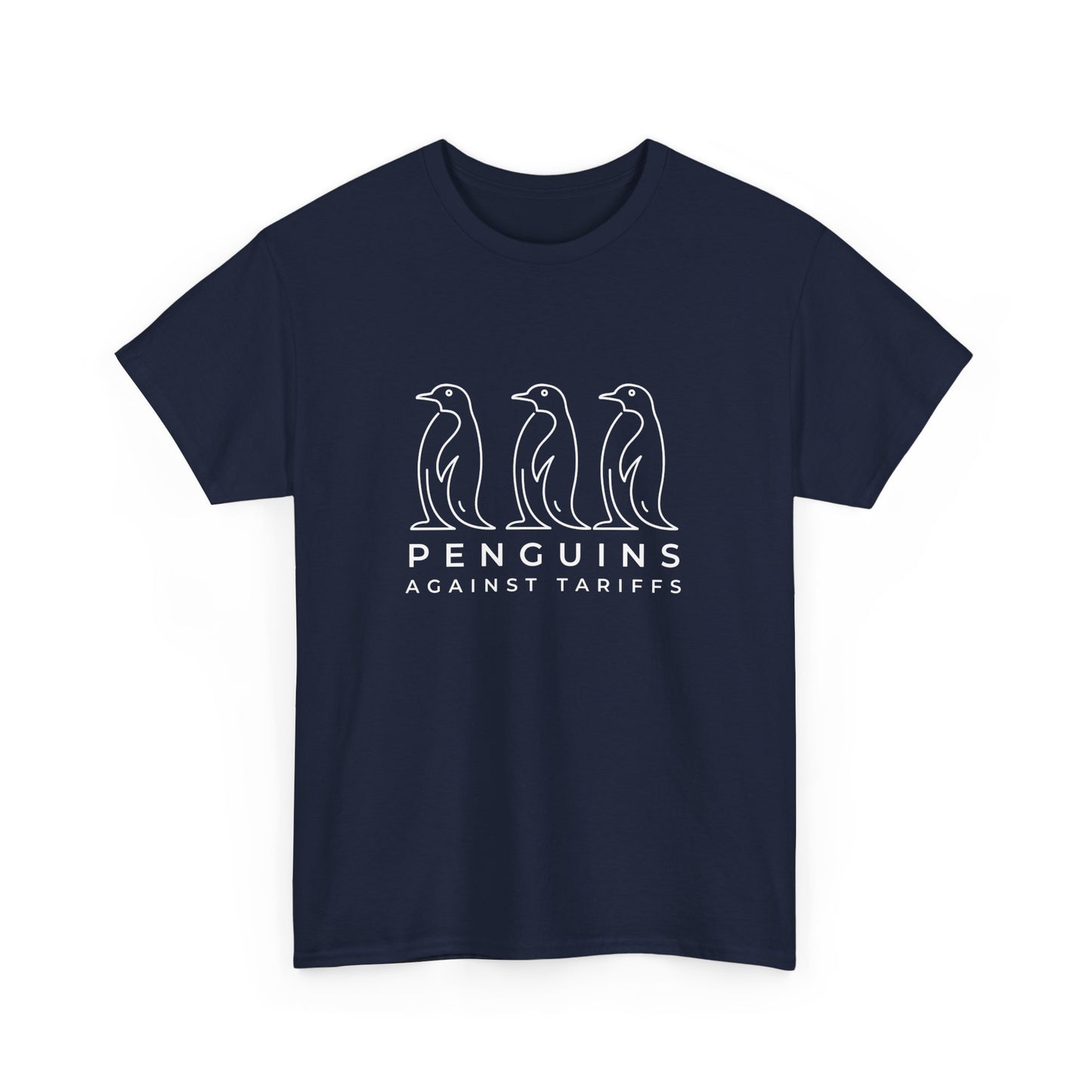 Humorous penguin protest shirt referencing Trump’s trade policies