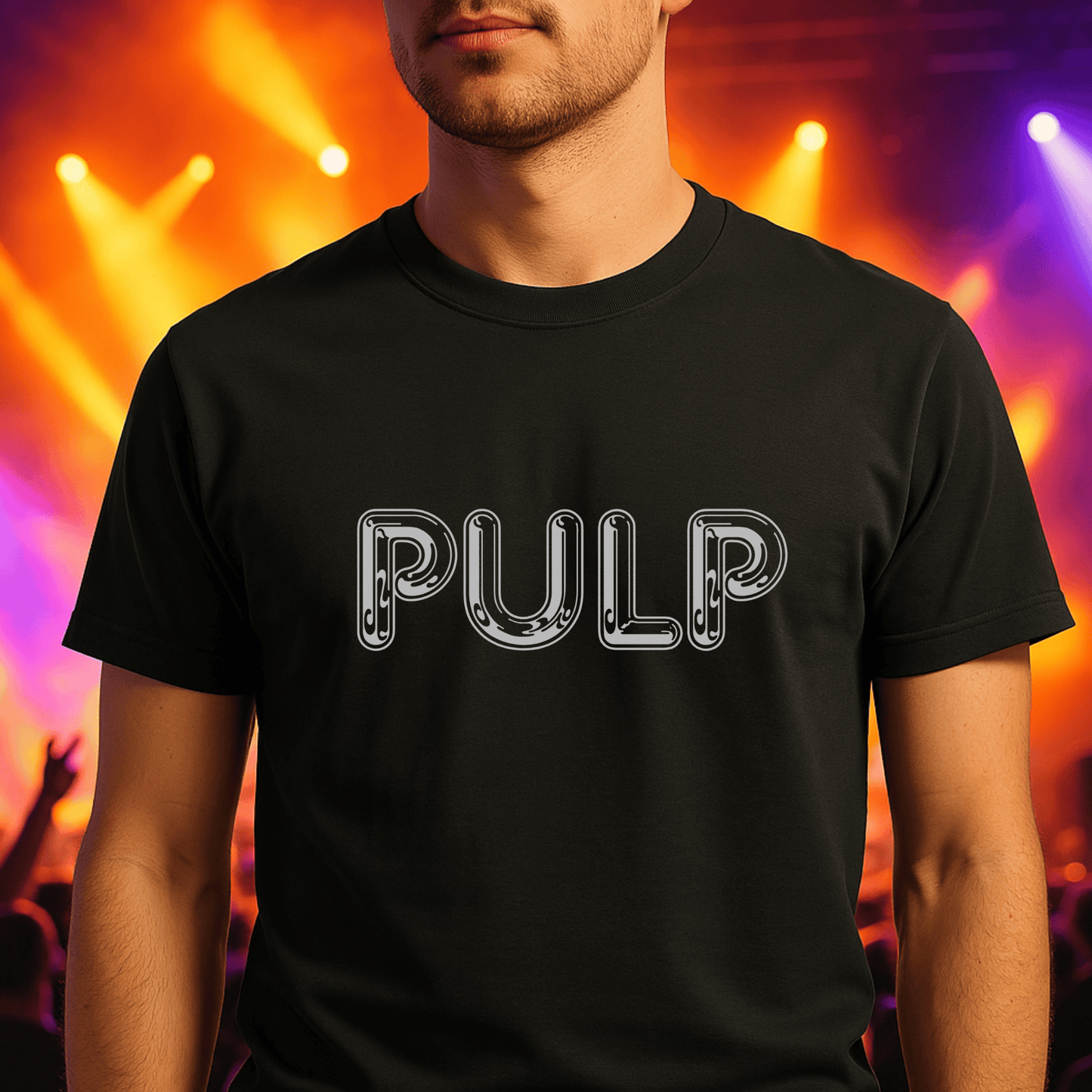 Person wearing a black t-shirt with 'PULP' text in front of a colorful stage background