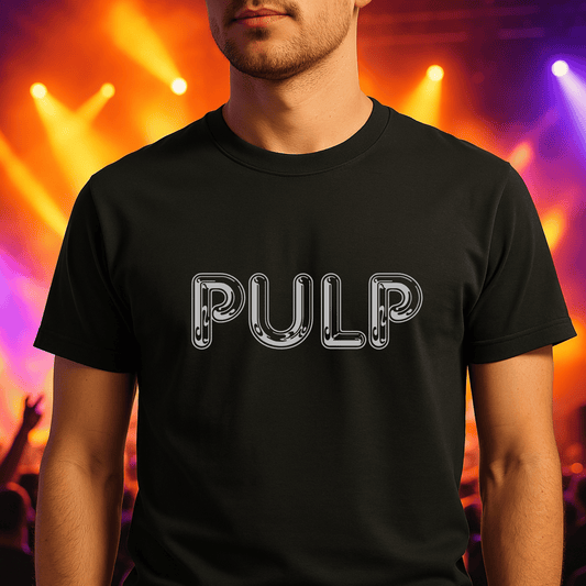 Person wearing a black t-shirt with 'PULP' text in front of a colorful stage background