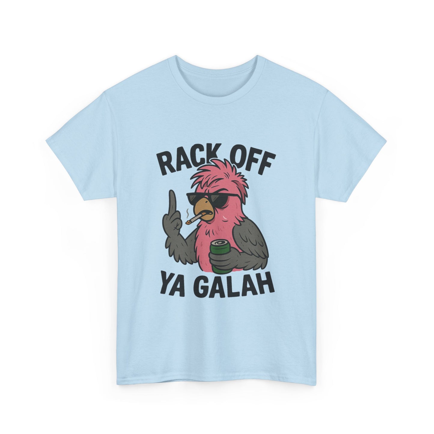 Rack Off Ya Galah graphic t-shirt with cheeky cartoon galah