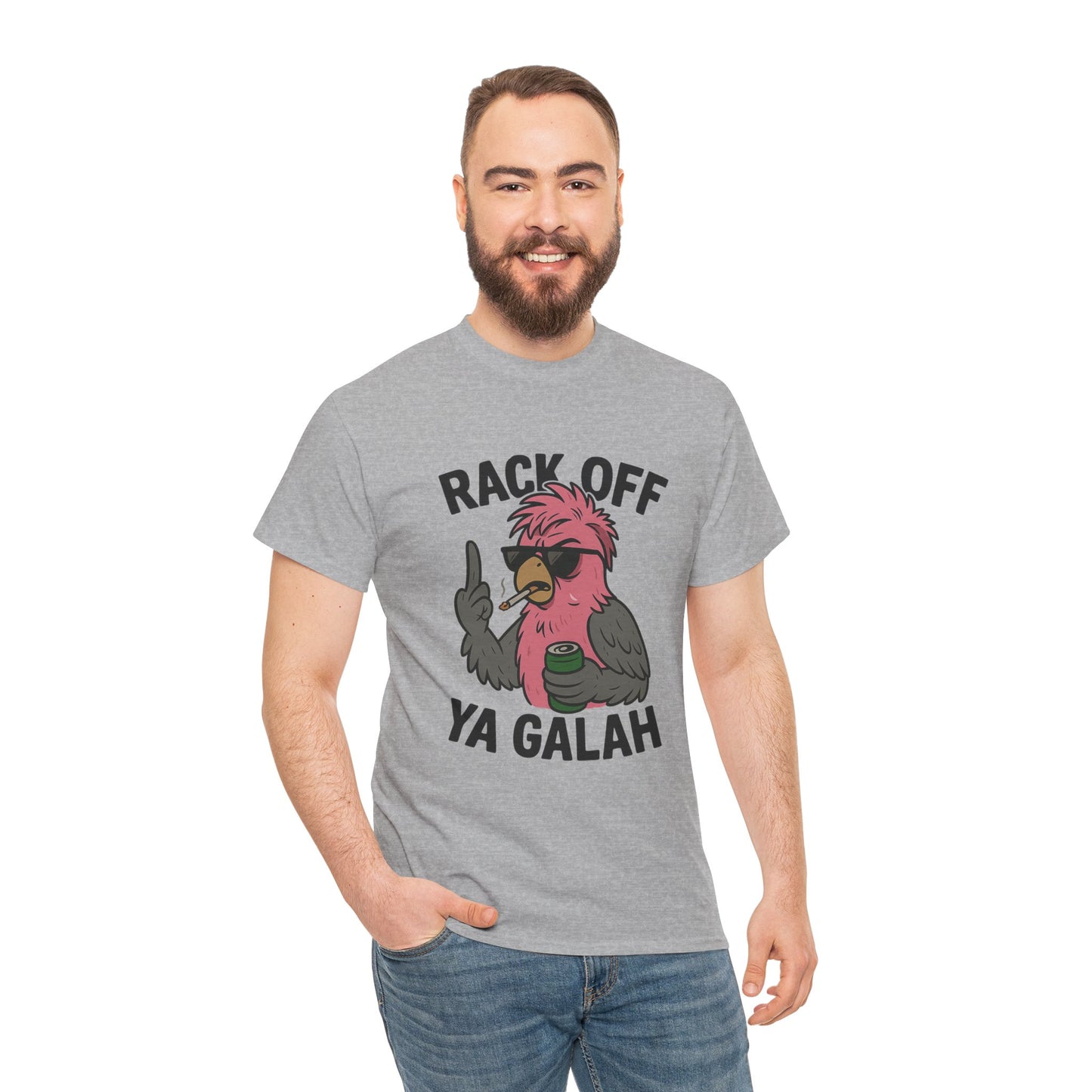 Cartoon galah drinking beer on Rack Off Ya Galah t-shirt