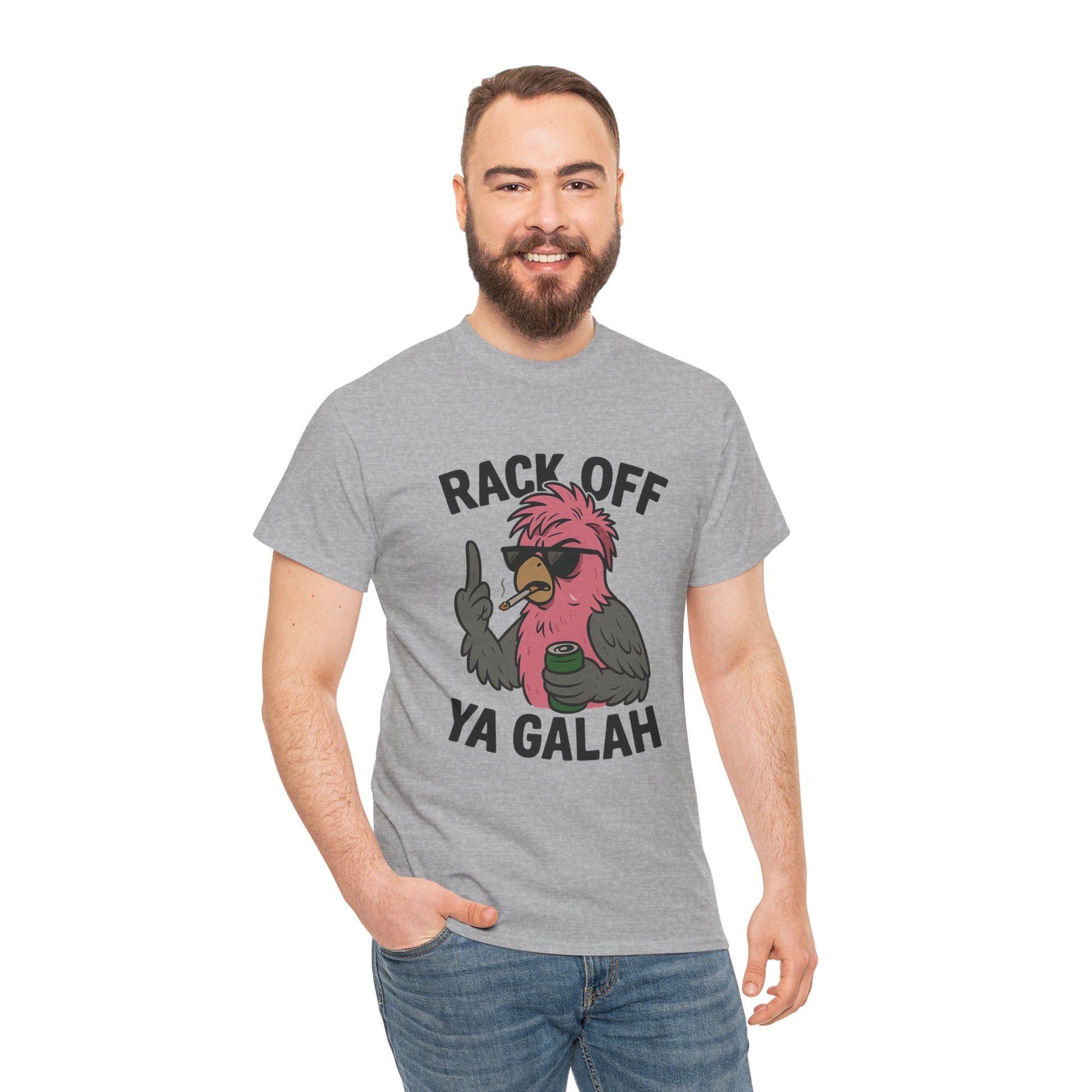Cartoon galah drinking beer on Rack Off Ya Galah t-shirt