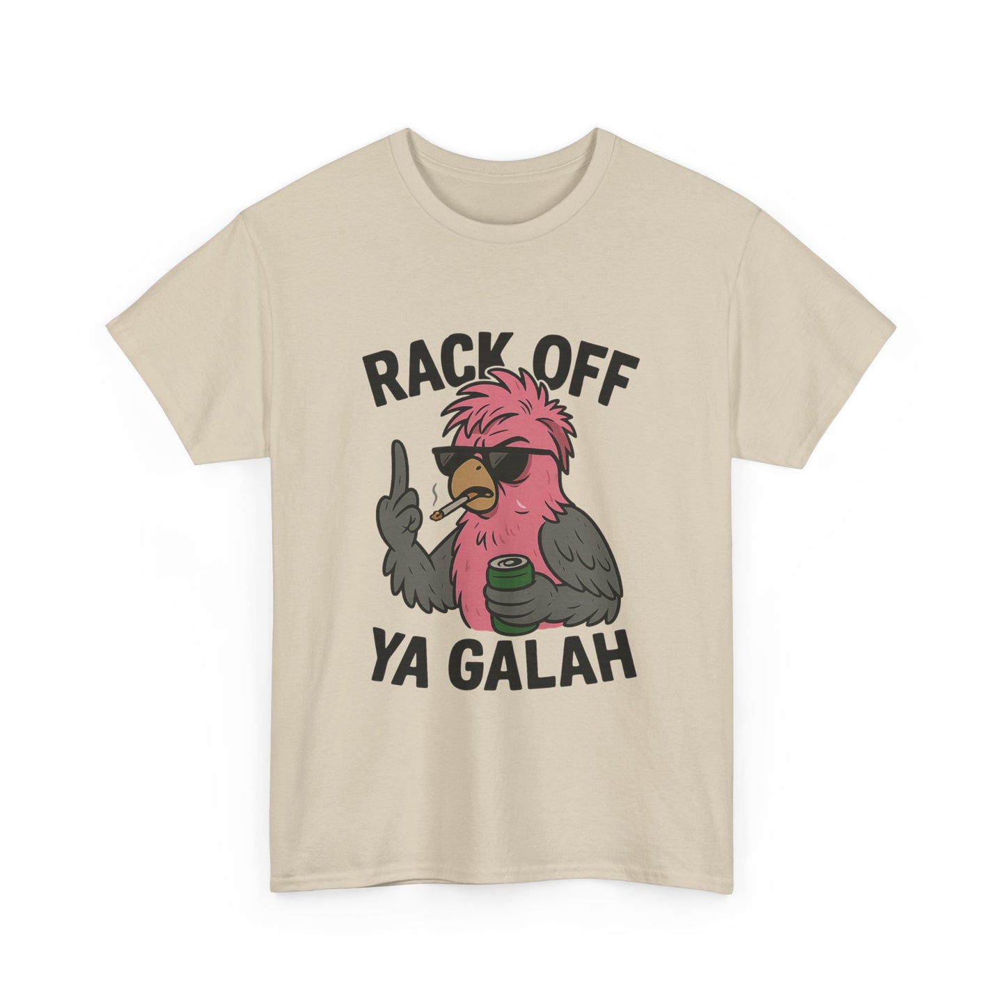 Rack Off Ya Galah novelty shirt with smoking cartoon bird