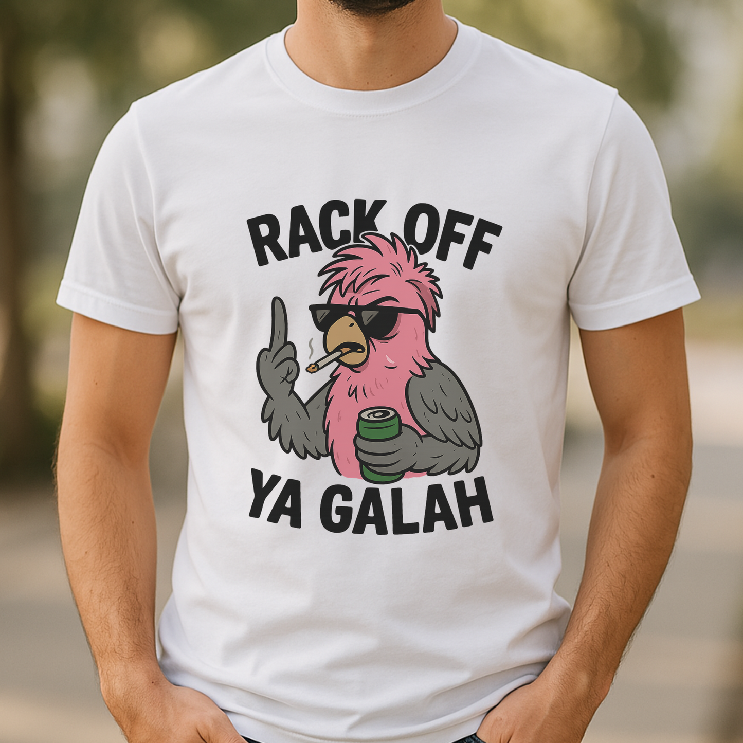 Rack Off Ya Galah Aussie slang t-shirt with cartoon bird