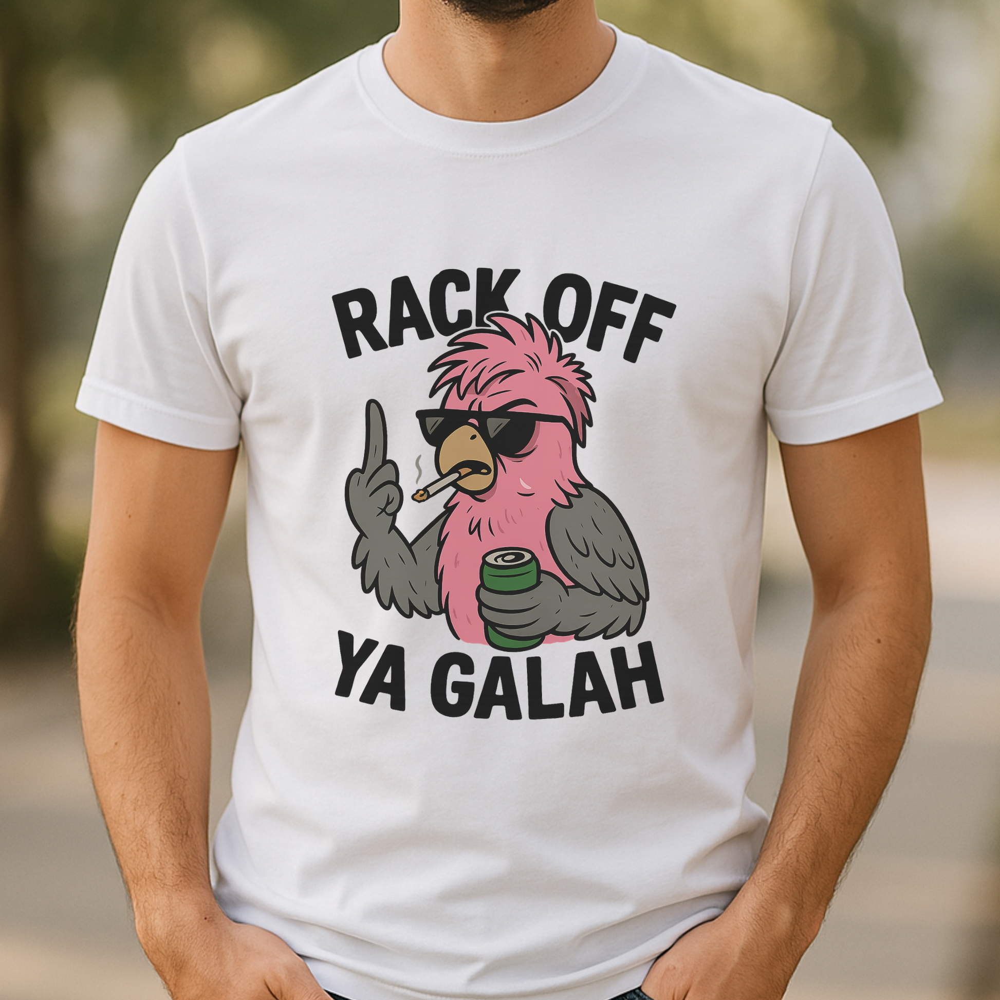 Rack Off Ya Galah Aussie slang t-shirt with cartoon bird