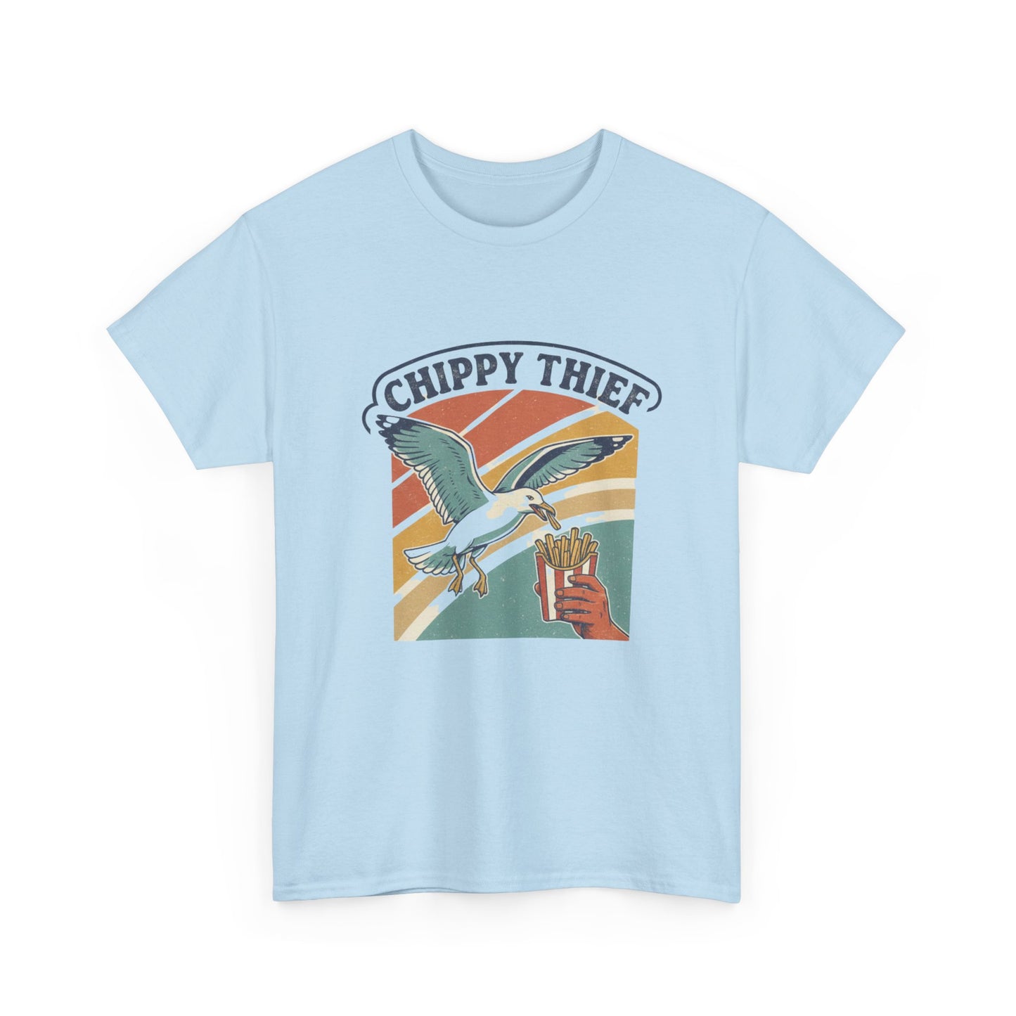 Funny Australia novelty t-shirt featuring seagull stealing a hot chip