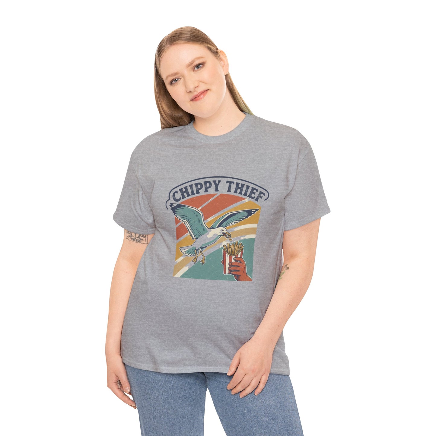 Light-hearted Australian beach culture t-shirt with seagull and hot chip joke