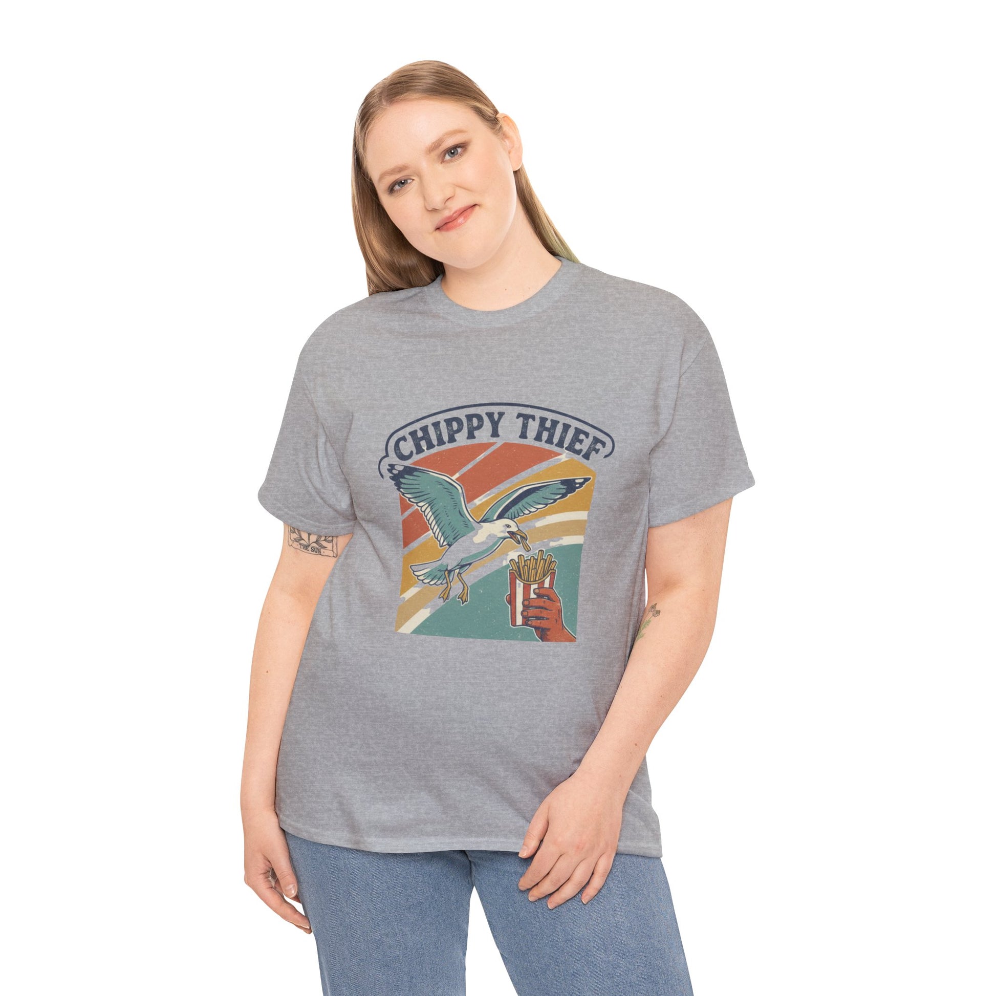 Light-hearted Australian beach culture t-shirt with seagull and hot chip joke