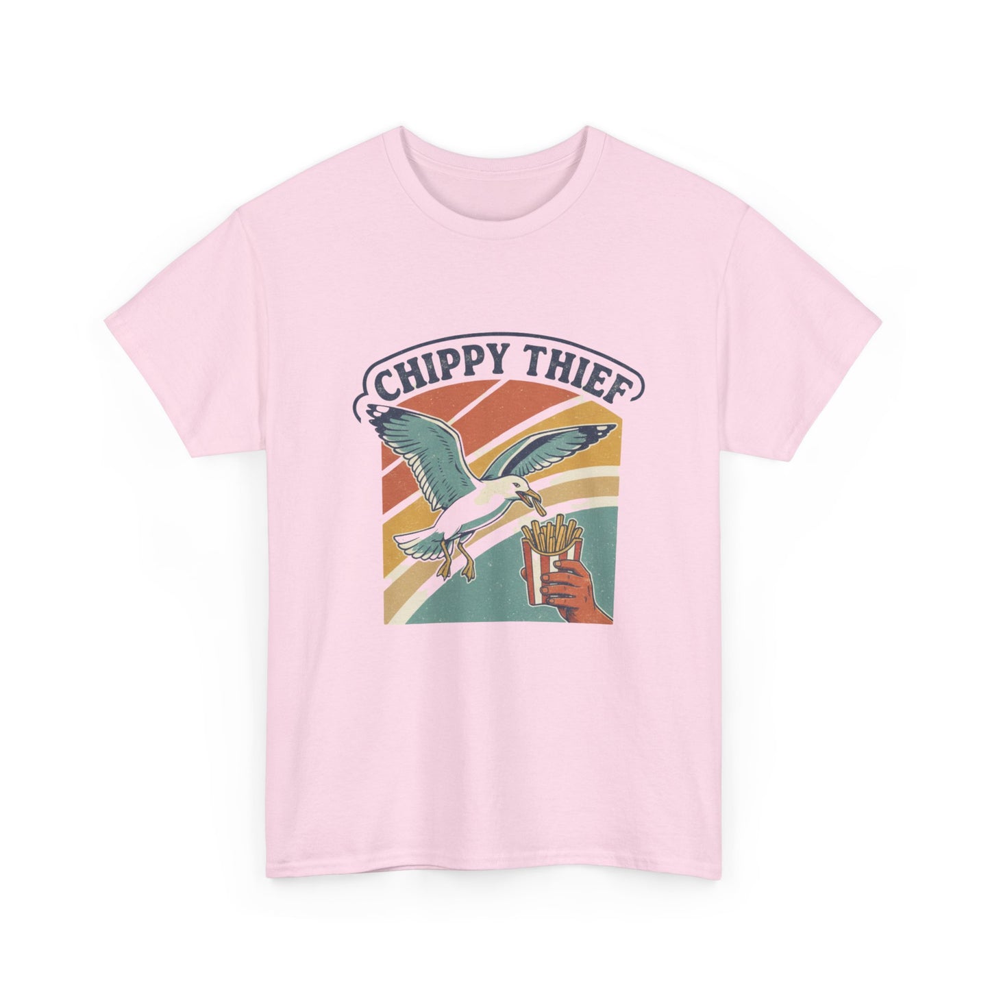 Australian humour t-shirt about seagulls stealing hot chips at the beach