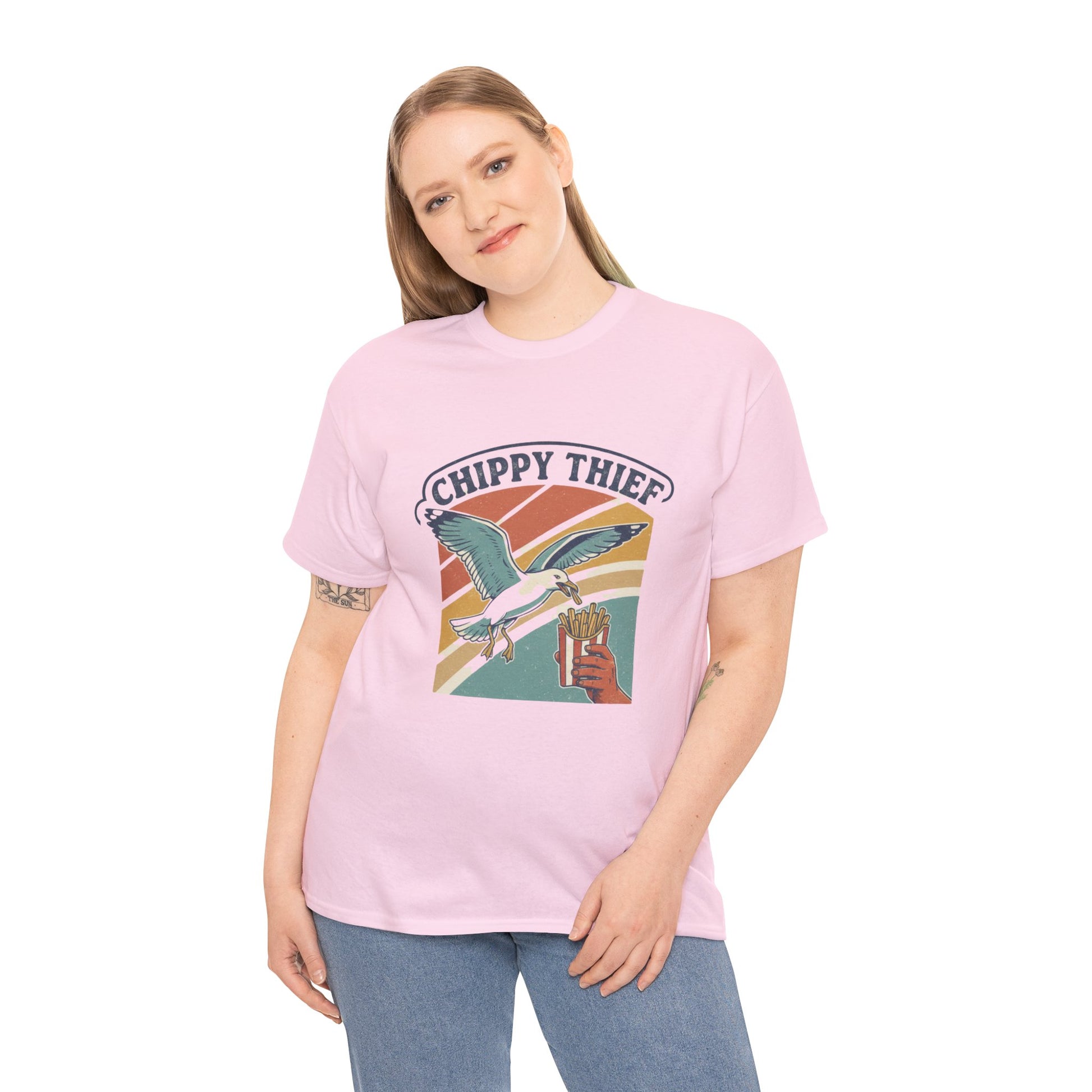 Retro Aussie humour t-shirt featuring a cheeky seagull hot chip thief
