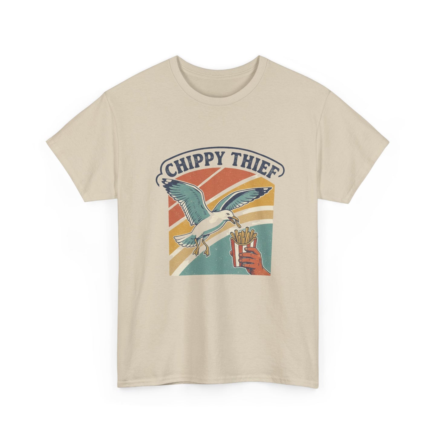 Aussie humour t-shirt with seagull stealing chips at the beach