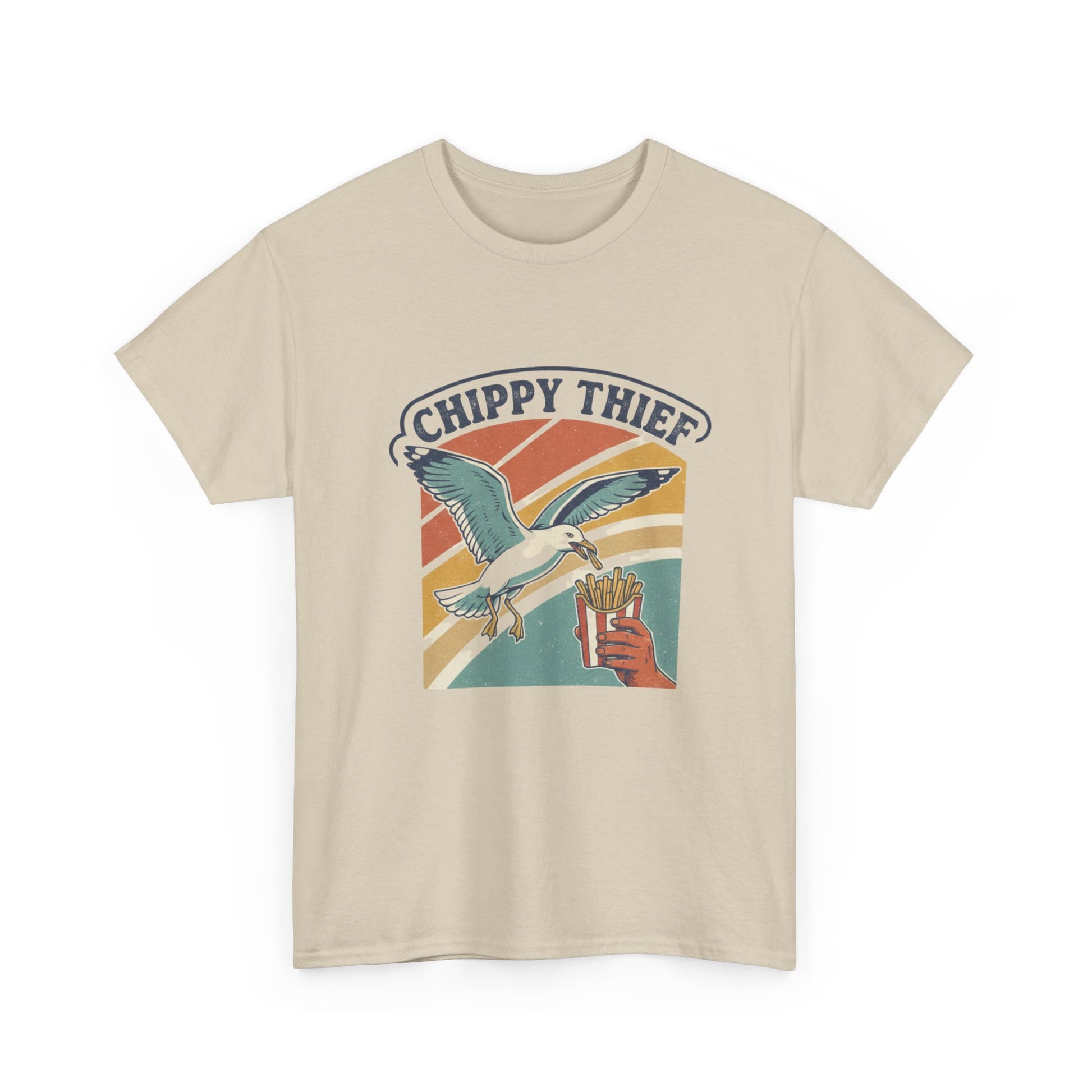 Aussie humour t-shirt with seagull stealing chips at the beach