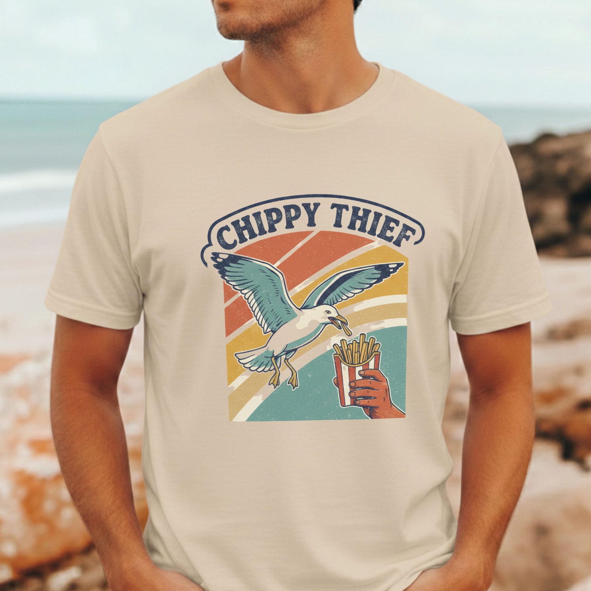 Chippy Thief retro Aussie seagull stealing hot chip t-shirt design