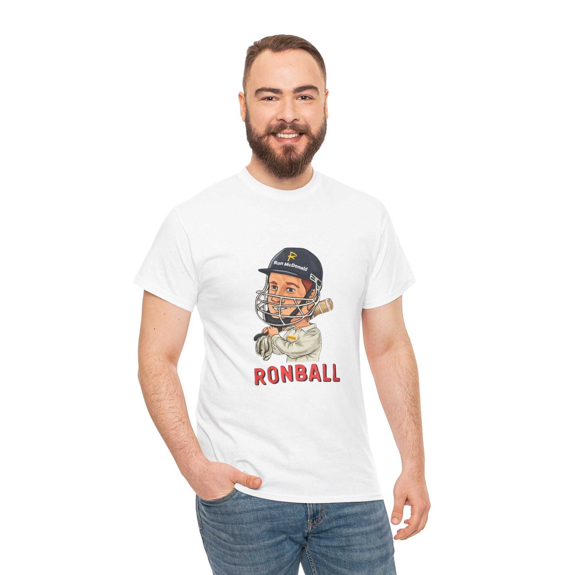 Cricket fan t-shirt Ronball slogan with Andrew McDonald cartoon
