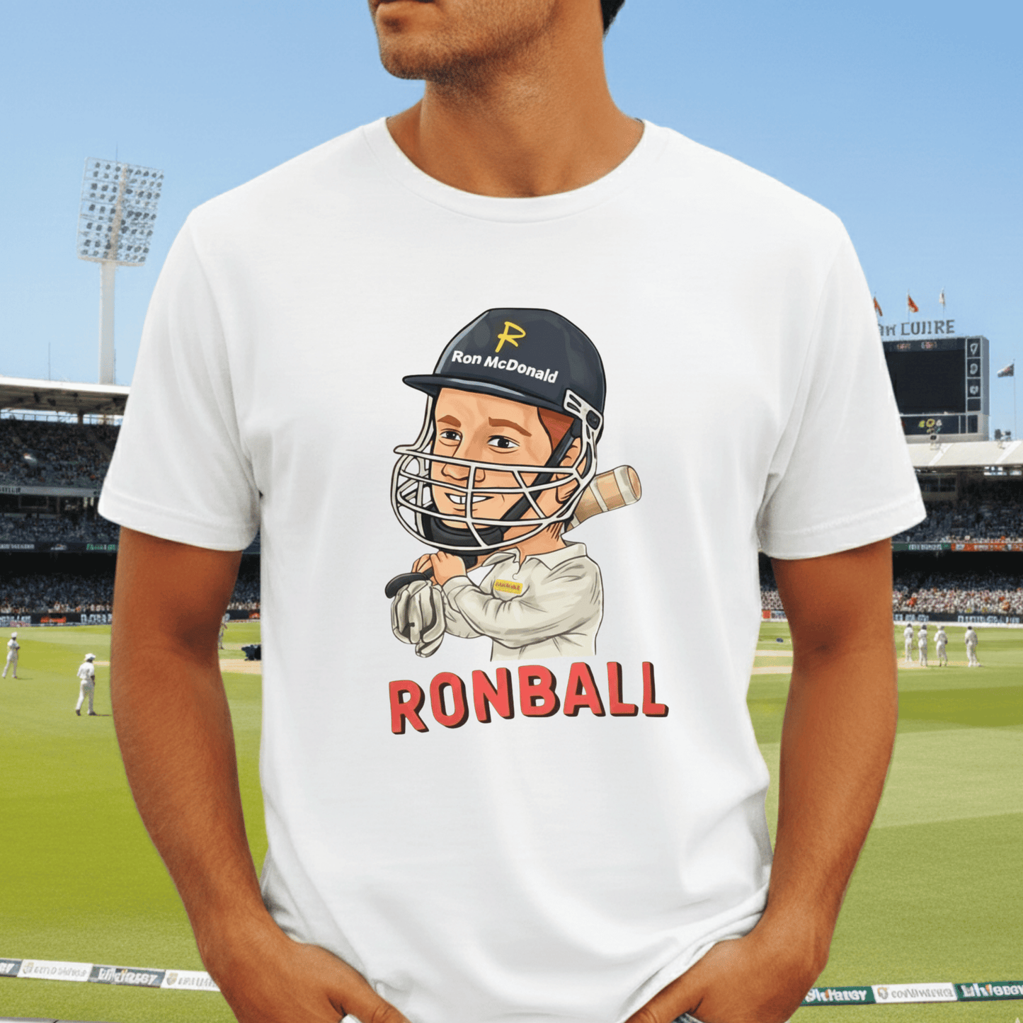 Ronball t-shirt with cartoon of Australian cricket coach Andrew McDonald