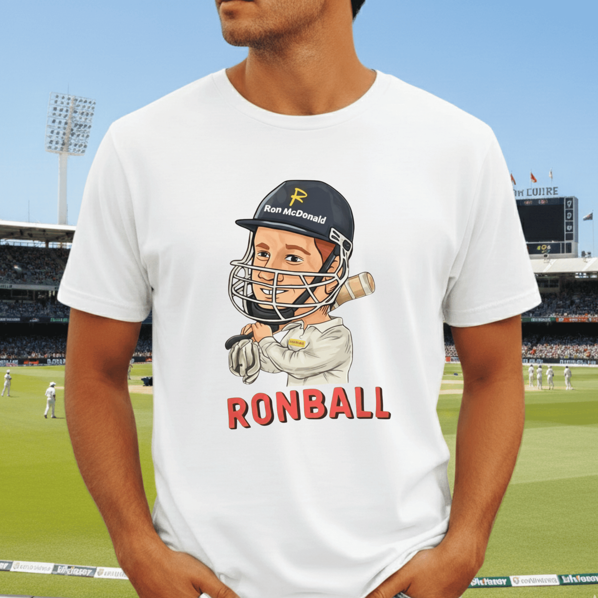Ronball t-shirt with cartoon of Australian cricket coach Andrew McDonald
